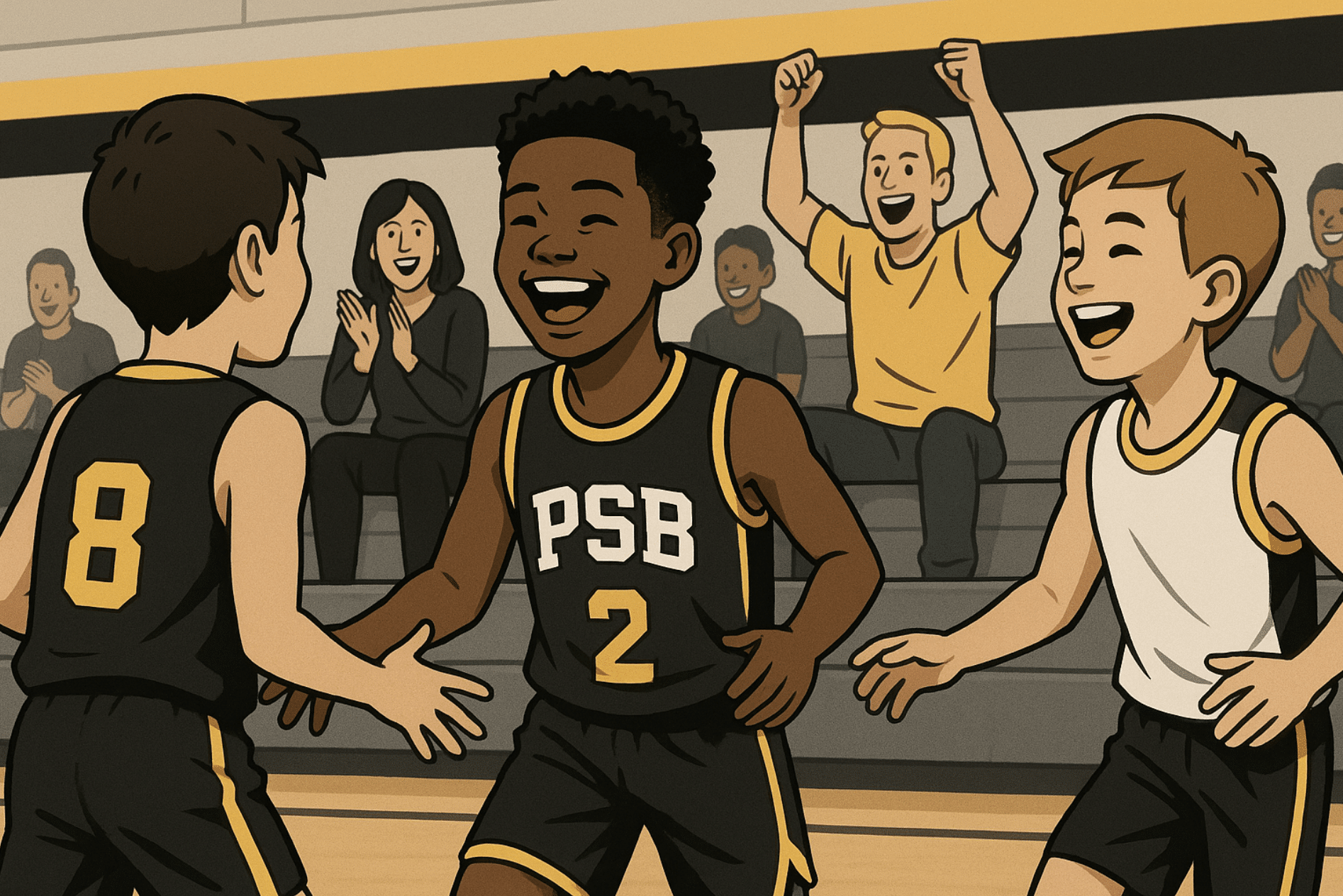 Youth basketball player having fun with teammates during warmups while parents cheer